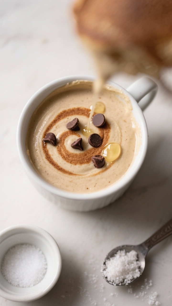 Cooking process: Overhead shot of the mug cake batter right after mixing and before microwaving, sho