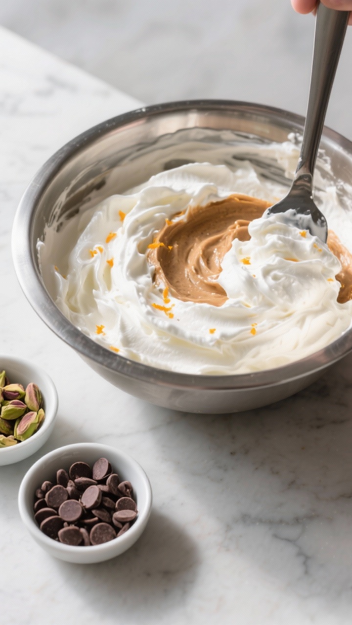 Cooking process: Overhead shot of the no-churn stage—thick, billowy whipped cream in a chilled met