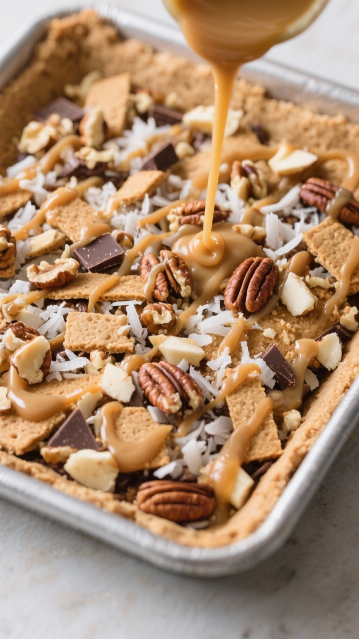 Cooking process: Overhead shot of the par-baked graham cracker crust being evenly covered with a dri