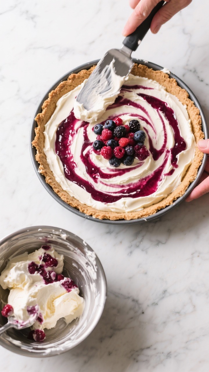 Cooking process: Overhead shot of the pie being filled—an offset spatula smoothing the berry-studd