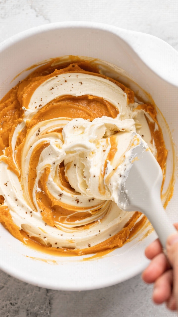 Cooking process: Overhead shot of the pumpkin ice cream mixture being folded together—softened van