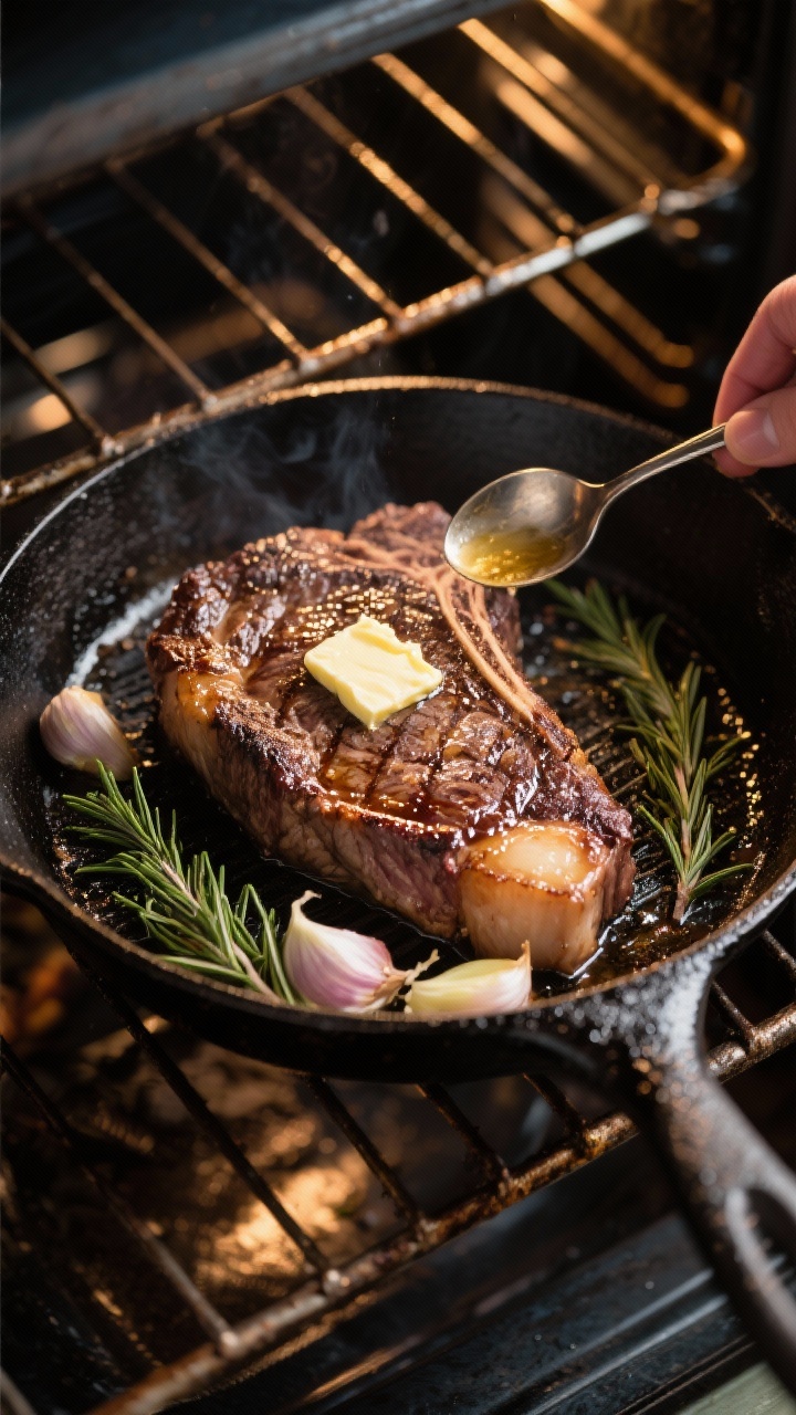 Cooking process: Overhead shot of the ribeye mid-broil flip in a preheated cast-iron pan, second sid
