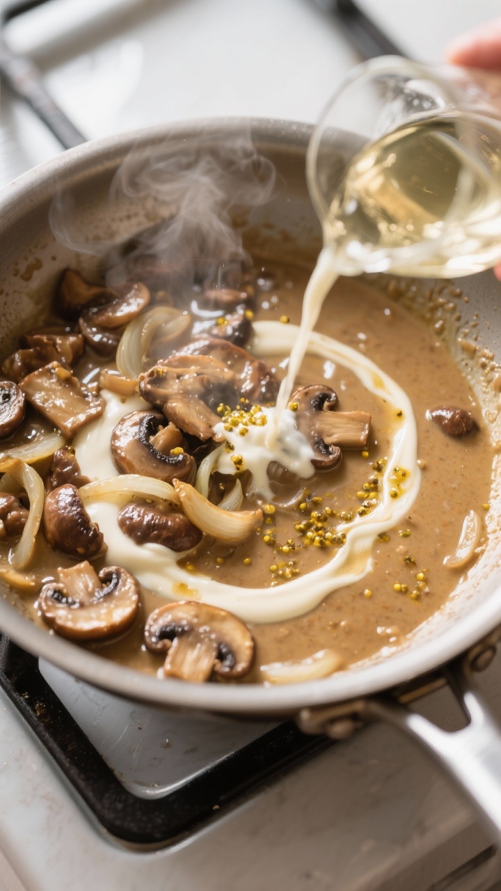 Cooking process: Overhead shot of the sauce being deglazed—browned mushrooms and onions coated wit