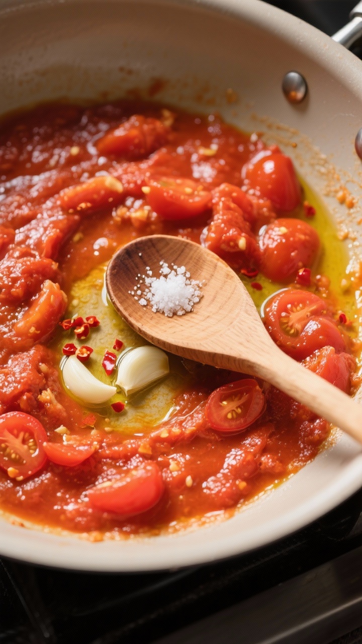 Cooking process: Overhead shot of the sauce-building stage—tomato paste being cooked out in a slic