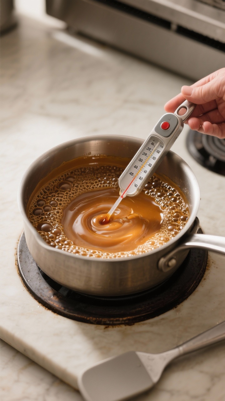 Cooking process: Overhead shot of the saucepan at hard-crack stage (290–300°F) with a clipped can