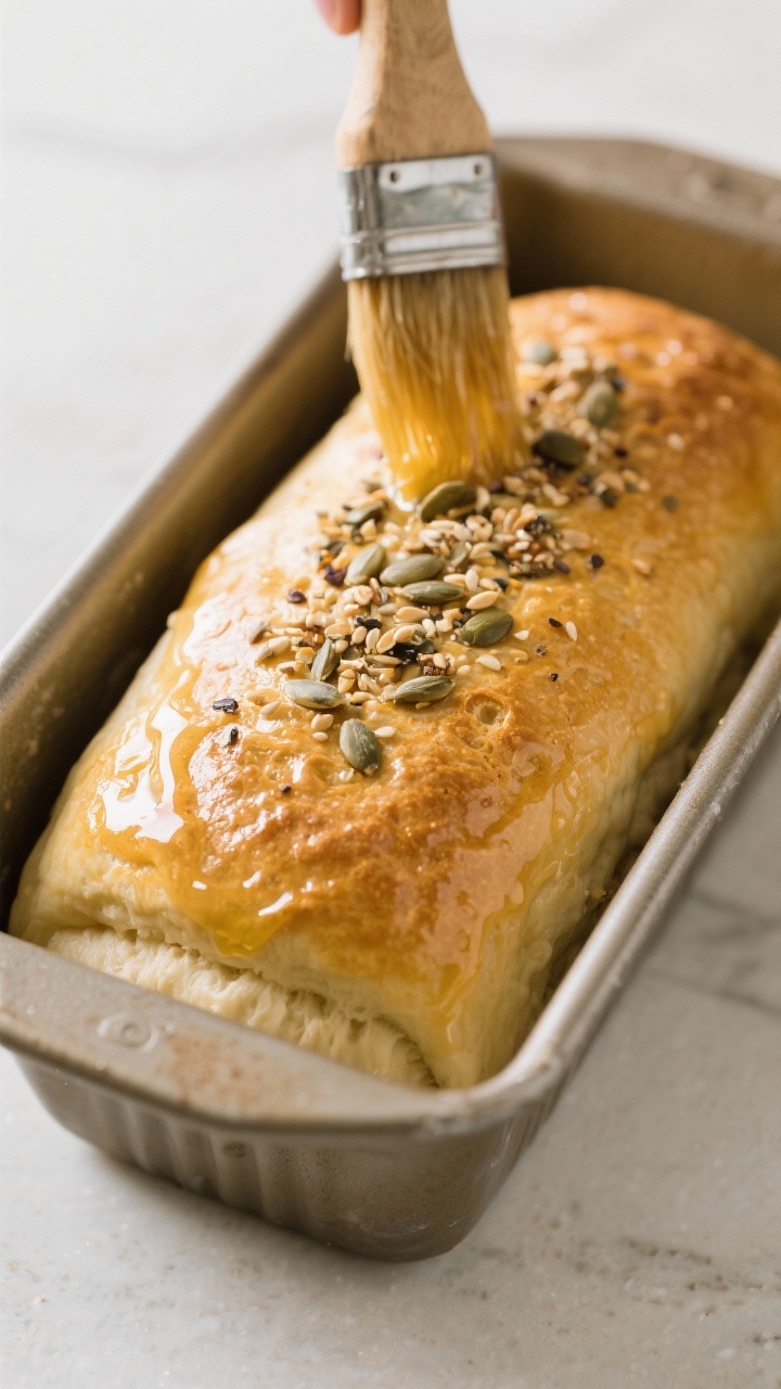 Cooking process: Overhead shot of the shaped loaf after second rise in a greased 9x5-inch loaf pan,