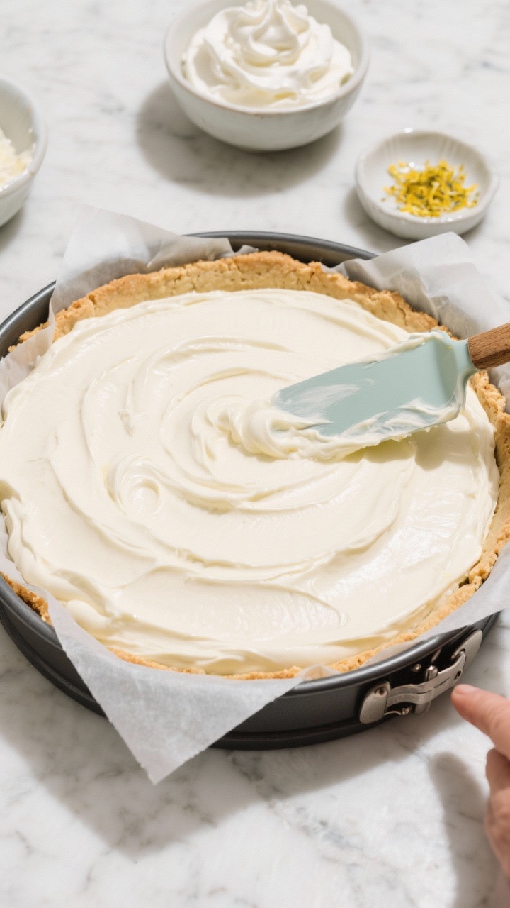 Cooking process: Overhead shot of the springform pan being filled—smooth, cloud-like filling sprea