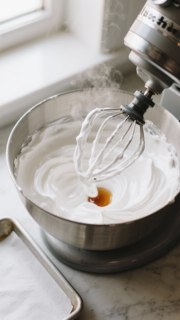 Cooking process: Overhead shot of the stand mixer bowl mid-whip, marshmallow mixture tripled in volu