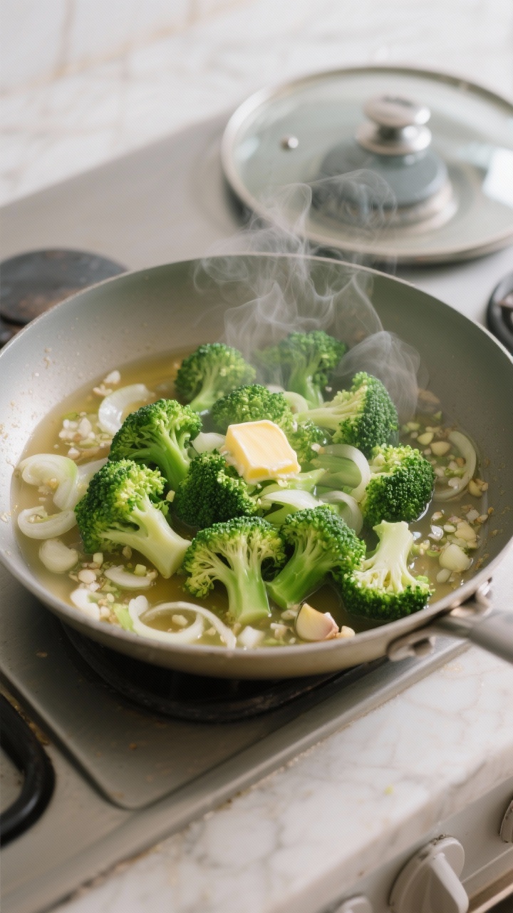 Cooking process: Overhead shot of the steam-sauté stage—vibrant broccoli turning bright green in 