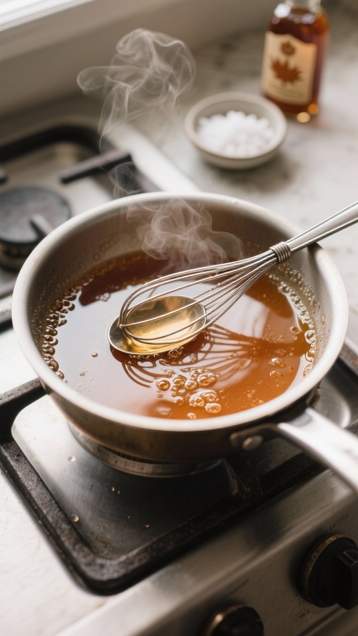 Cooking process: Overhead shot of the syrup in a small saucepan at a gentle simmer, showing a smooth