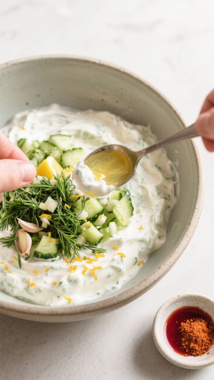 Cooking process: Overhead shot of the tzatziki base just combined in a mixing bowl—yogurt, squeeze