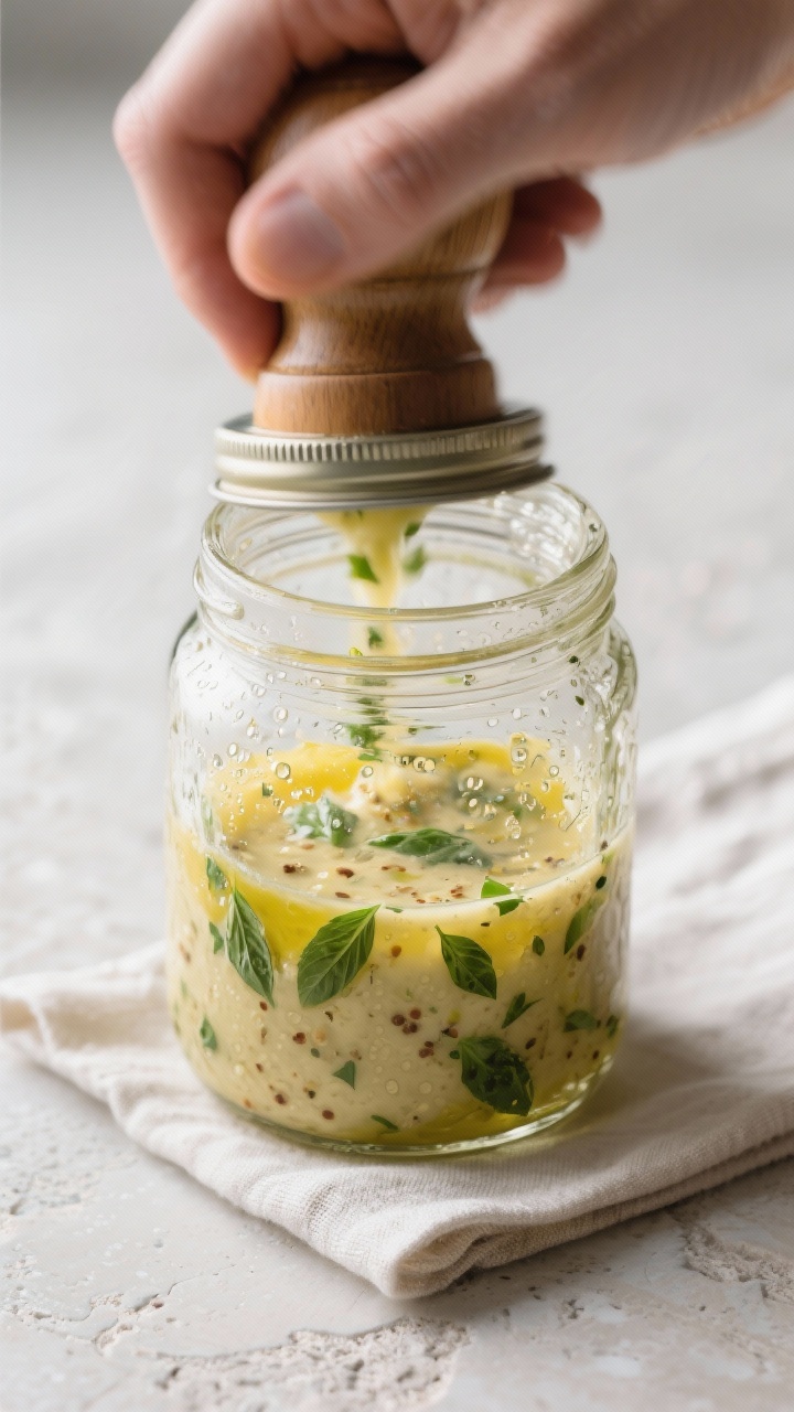 Cooking process: Overhead shot of the vinaigrette being shaken in a wide-mouth jar with lid on, show