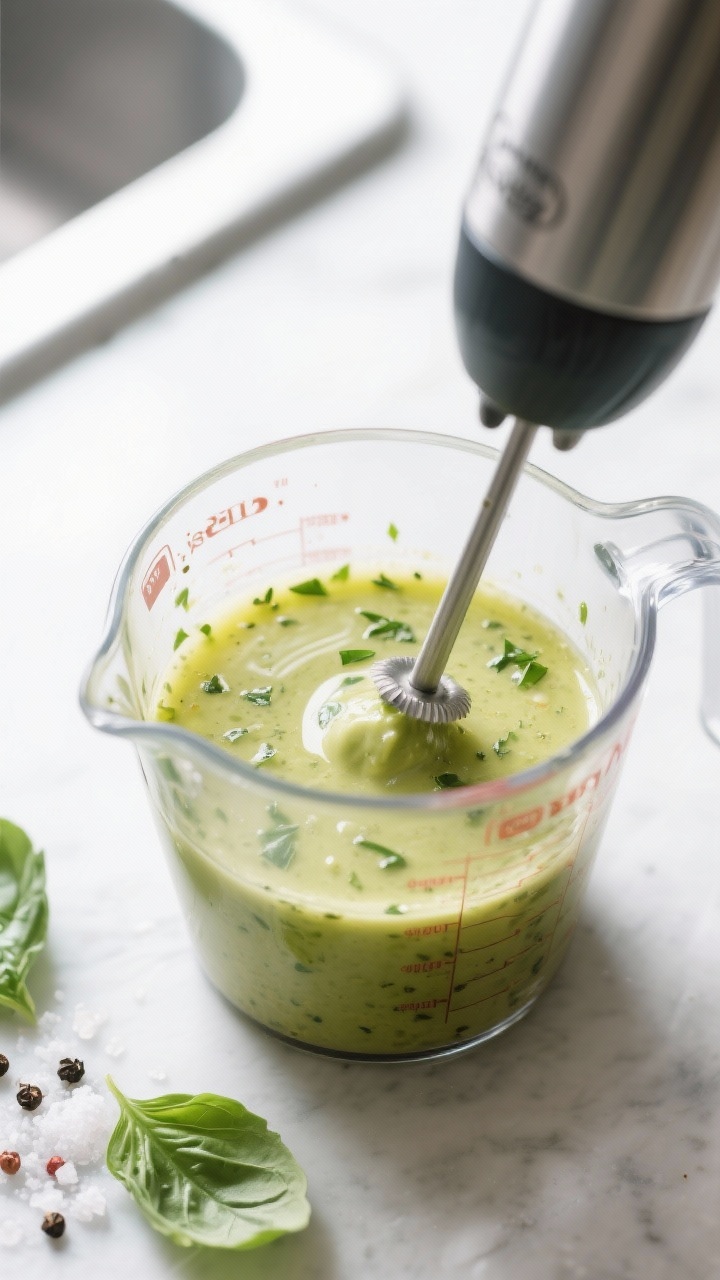 Cooking process: Overhead shot of the vinaigrette mid-emulsion in a clear measuring cup as olive oil