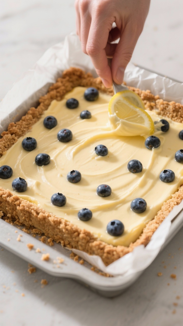 Cooking process: Overhead shot of the warm, par-baked crumb crust in a parchment-lined square pan as