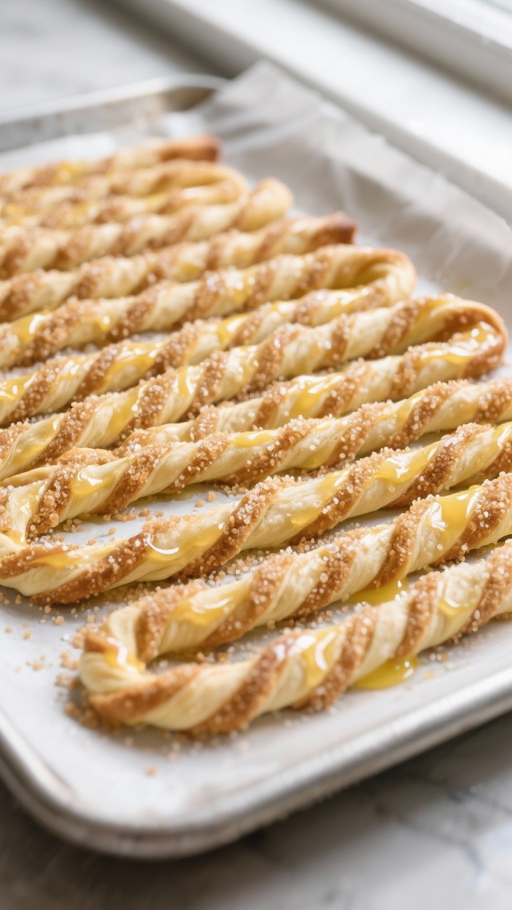 Cooking process: Overhead shot of twisted pastry strips arranged on a parchment-lined tray, brushed 