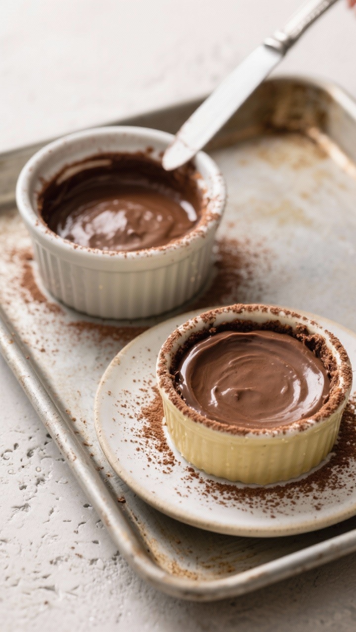 Cooking process: Overhead shot of two cocoa-dusted, buttered 6-ounce ramekins filled with smooth, po