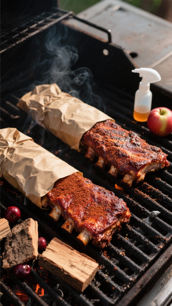 Cooking process: Overhead shot of two racks of ribs mid-cook at 225–250°F, one wrapped in butcher