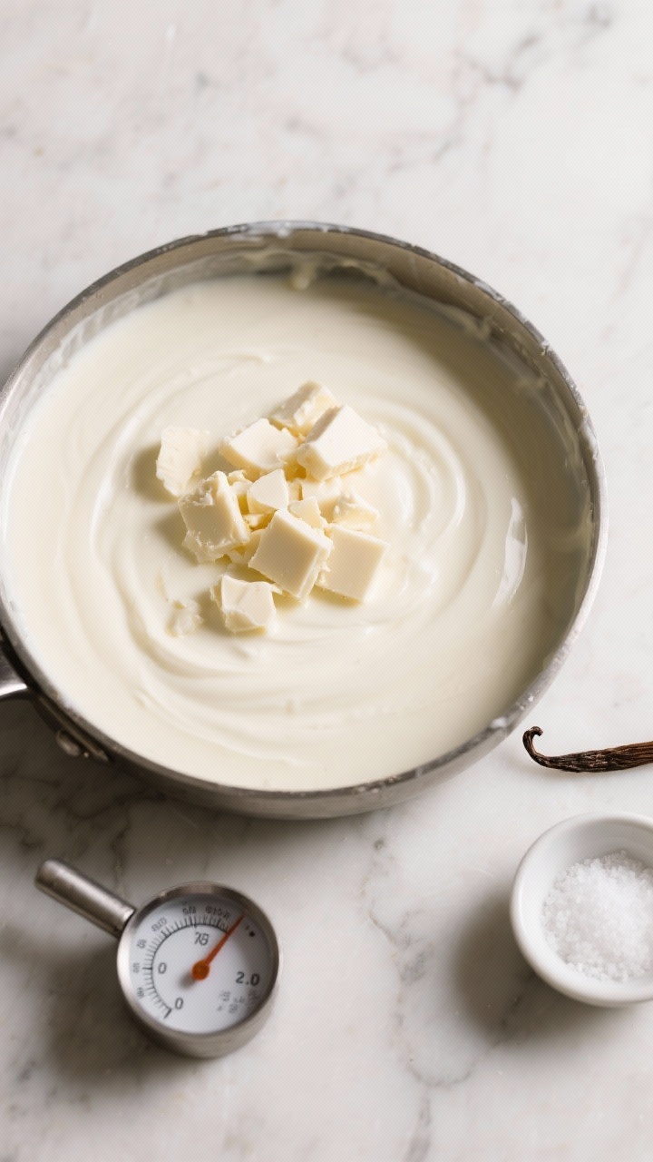 Cooking process: Overhead shot of warm dairy being infused with chopped white chocolate just after m