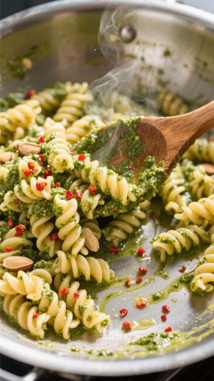 Cooking process: Overhead shot of warm fusilli being tossed off-heat with almond pesto in a wide sta