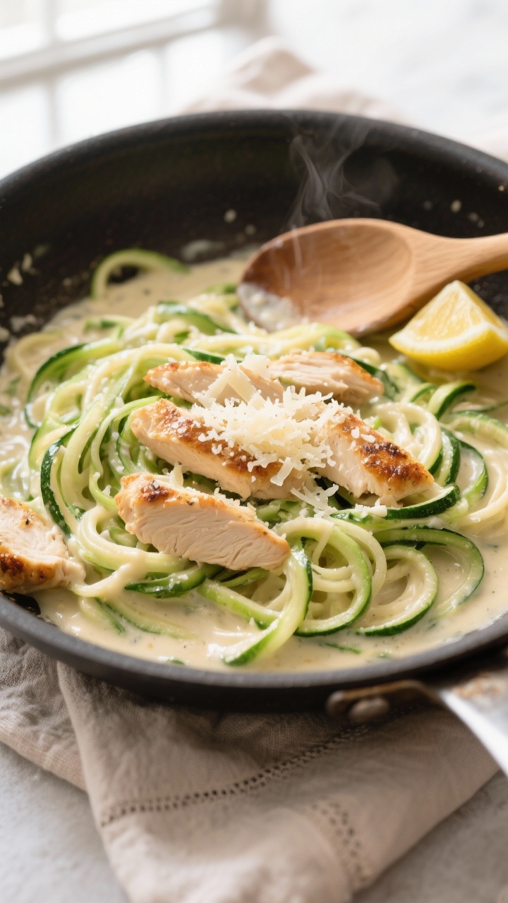 Cooking process: Overhead shot of zucchini noodles being briefly warmed in a dry skillet and then fo