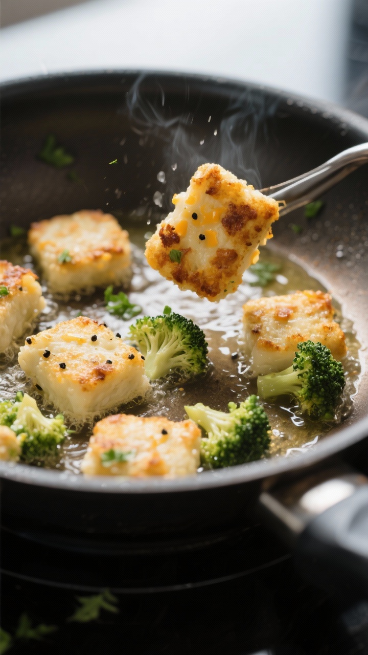 Cooking process: Pan-frying Broccoli Cheese Nuggets in a nonstick skillet, nuggets mid-sizzle in a t