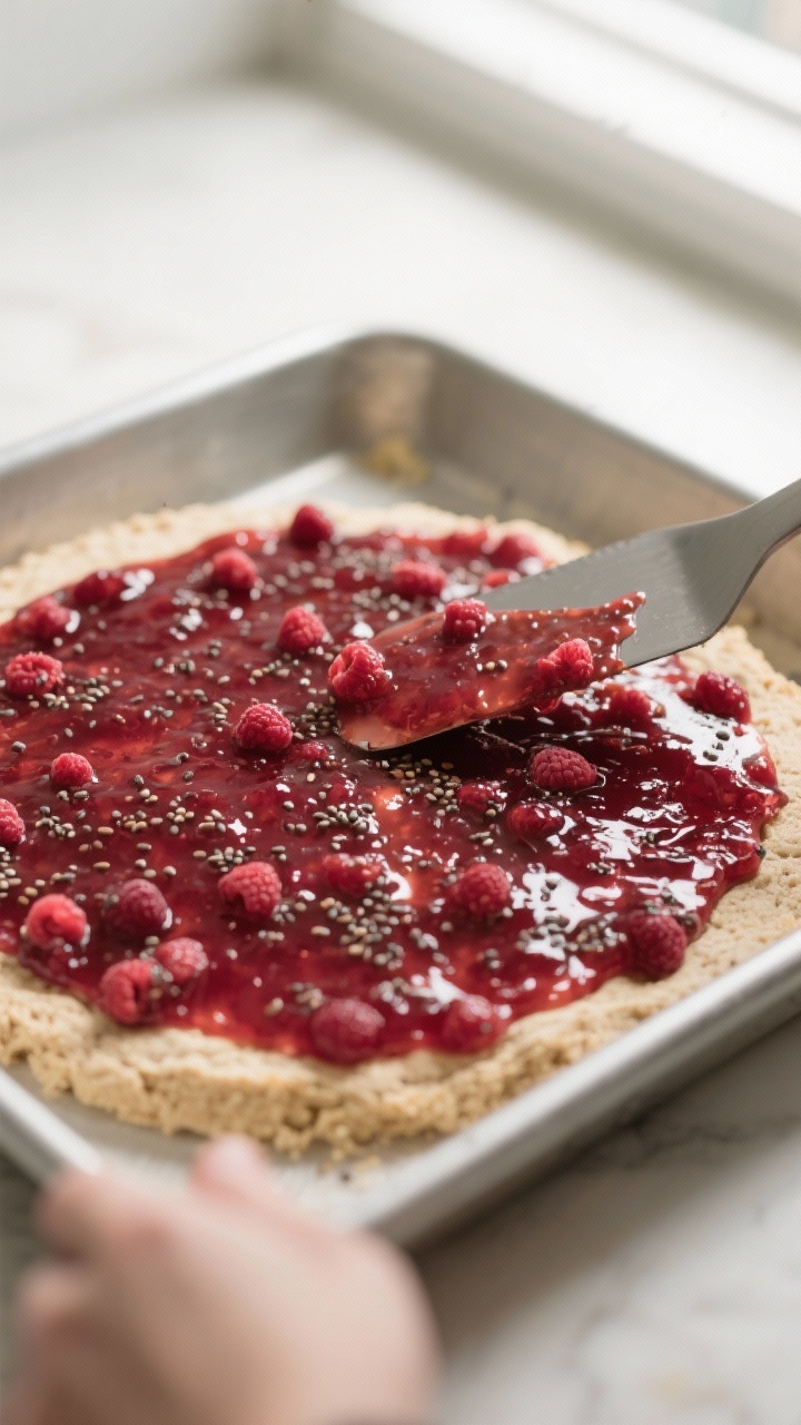 Cooking process: Par-baked almond flour base being layered with the thick, glossy raspberry-chia jam