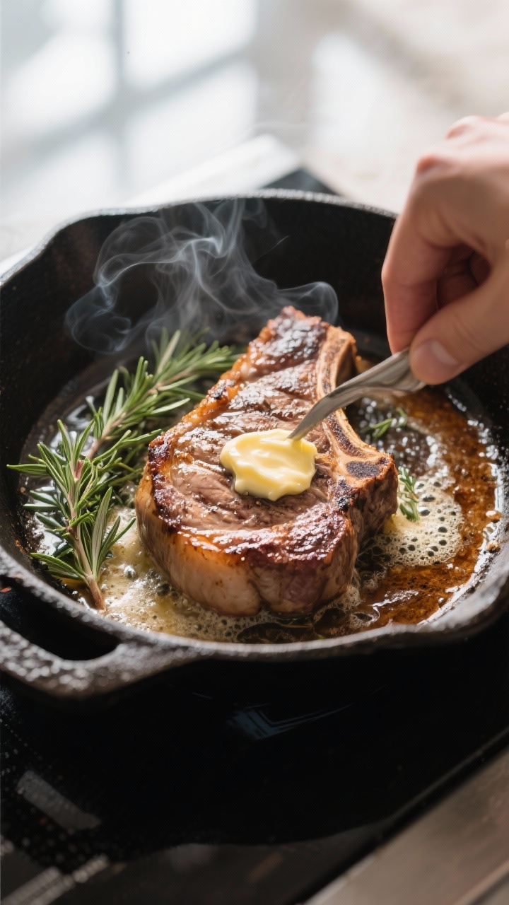 Cooking process: Pork chops just seared in a ripping-hot cast-iron skillet, surface crackling with a