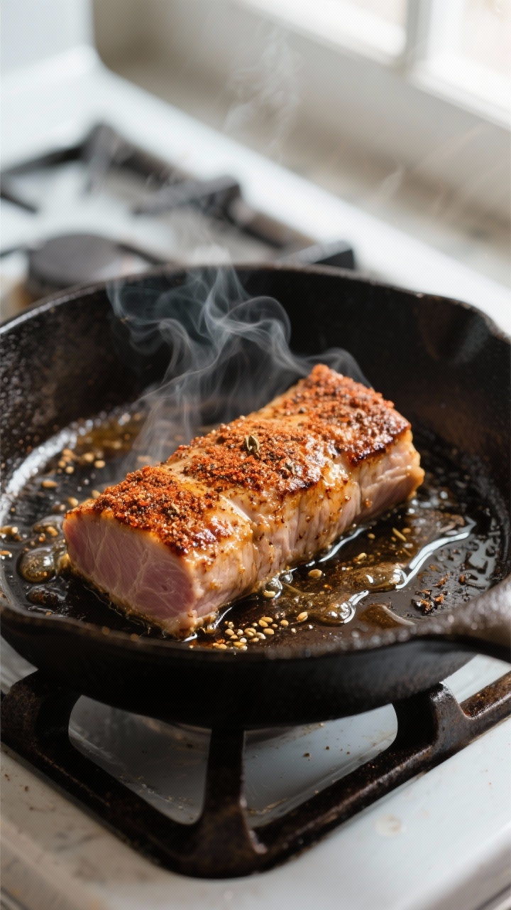 Cooking process: Pork tenderloin being seared in a well-seasoned cast-iron skillet, golden-brown cru