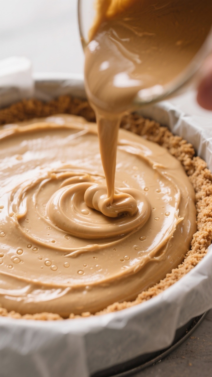 Cooking process — Pouring and smoothing the peanut butter cheesecake filling: close-up of glossy, 