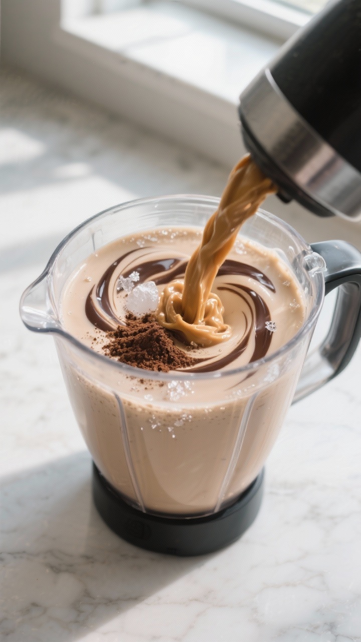 Cooking process – Protein milkshake mid-blend: Overhead shot of a blender jar in action with a swi