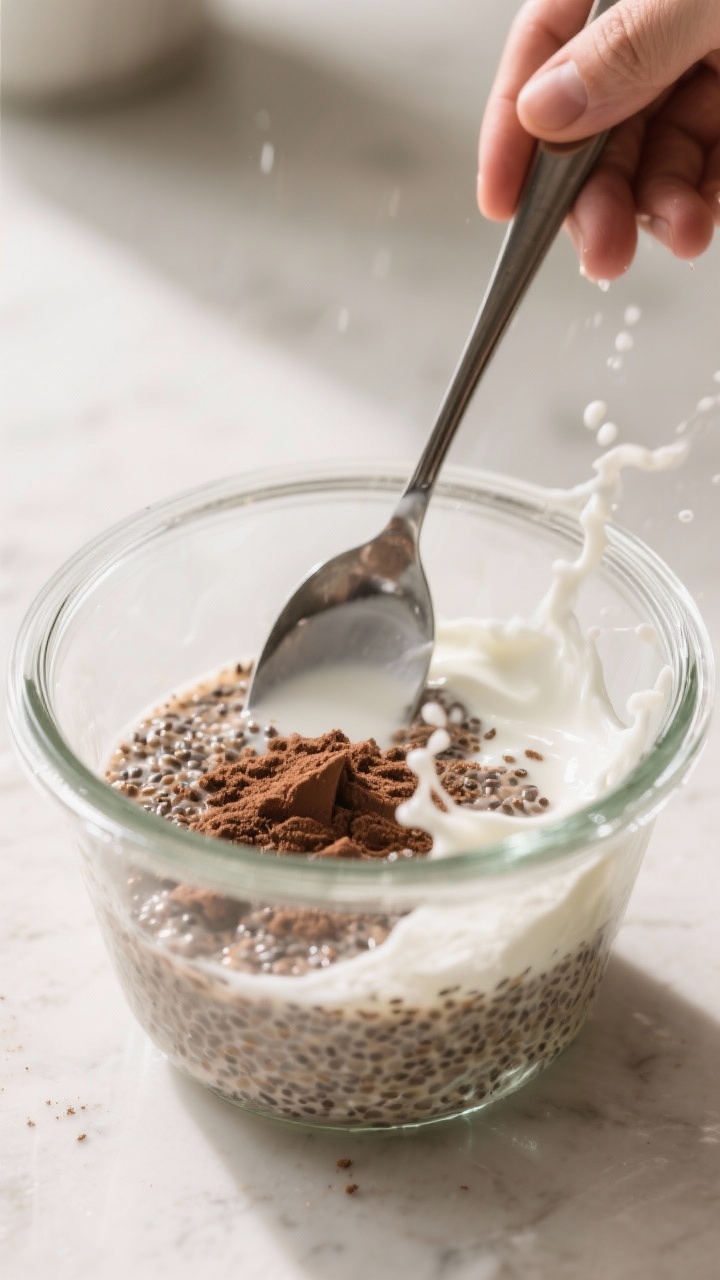 Cooking process: Protein overnight oats mixture being combined after an overnight rest—spoon mid-s