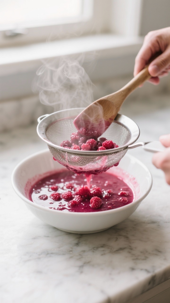 Cooking process: Raspberry puree being pressed through a fine-mesh sieve until seedless, the glossy,