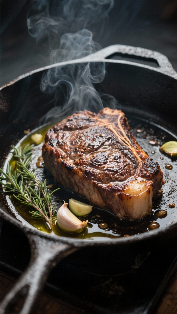 Cooking process: Ribeye being pan-seared in a hot cast-iron skillet with a small swirl of avocado oi