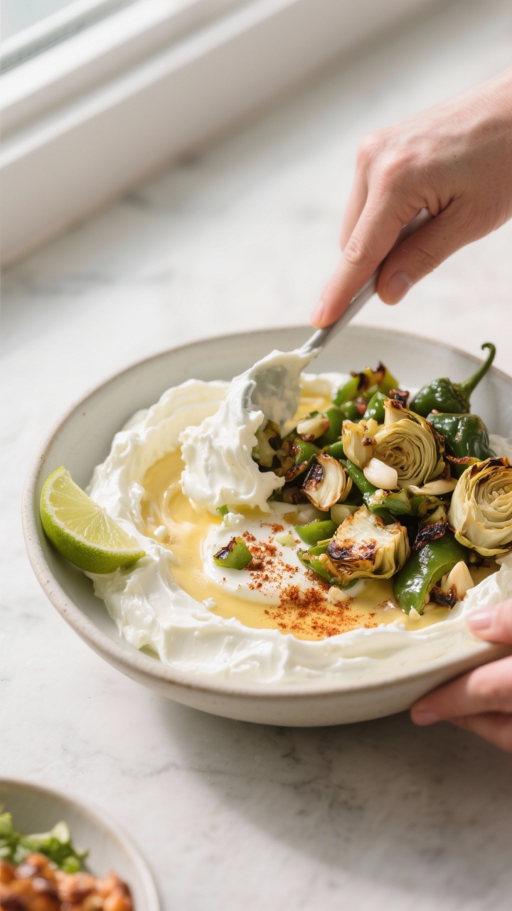 Cooking process: Roasted poblano artichoke dip base being folded together in a bowl—silky cream ch