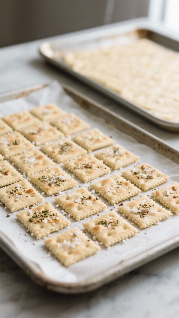 Cooking process: Rolled, chilled cracker dough cut into uniform 1-inch squares on parchment-lined ba