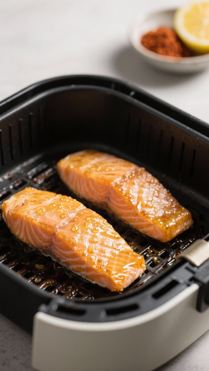 Cooking process: Salmon fillets skin-side down in an air fryer basket mid-cook at 390°F, golden edg