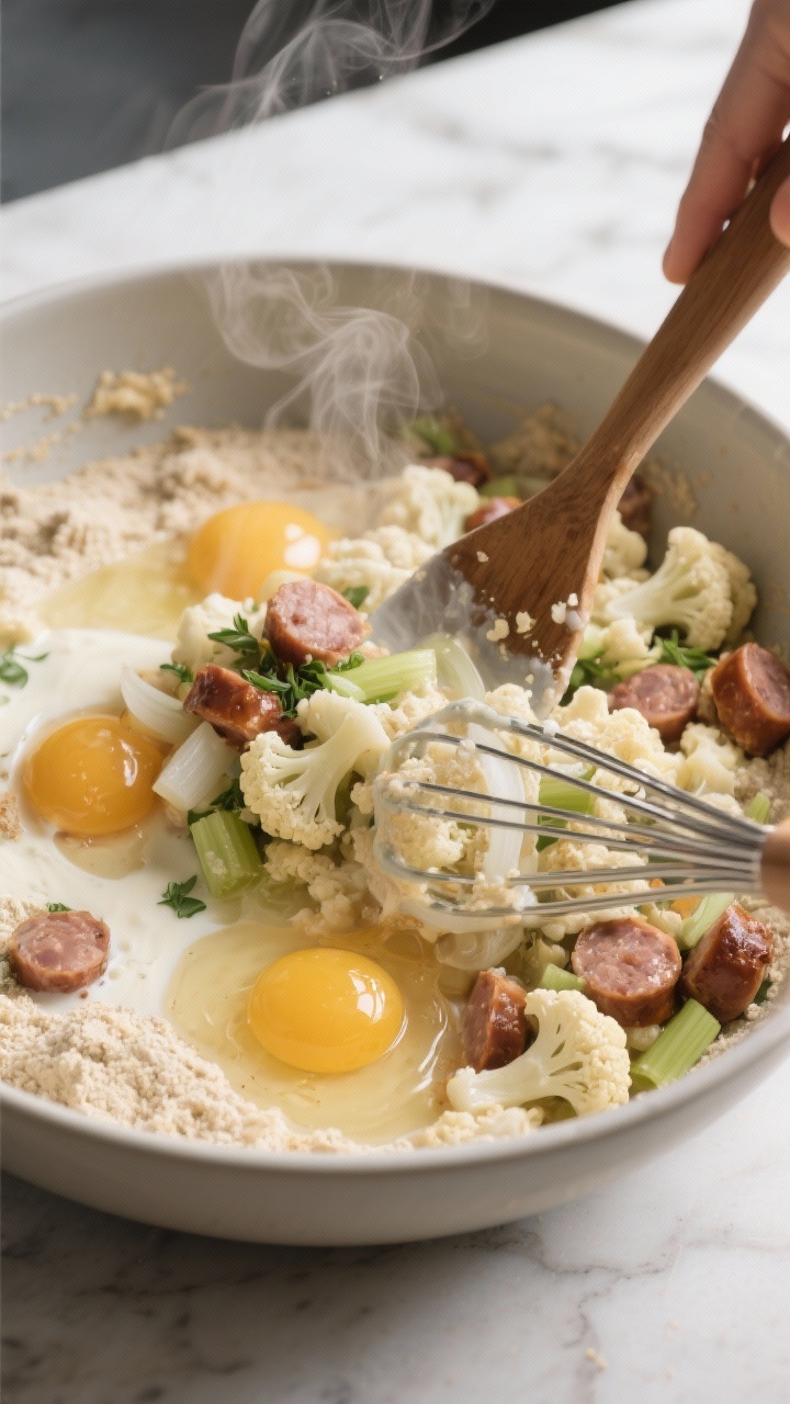 Cooking process: Sausage-and-cauliflower mixture being folded with whisked eggs, broth, and cream in