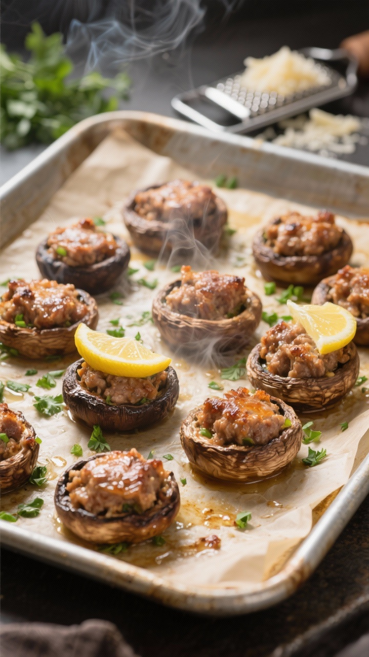 Cooking process: Sausage-stuffed mushroom caps just out of the oven on a parchment-lined sheet pan a