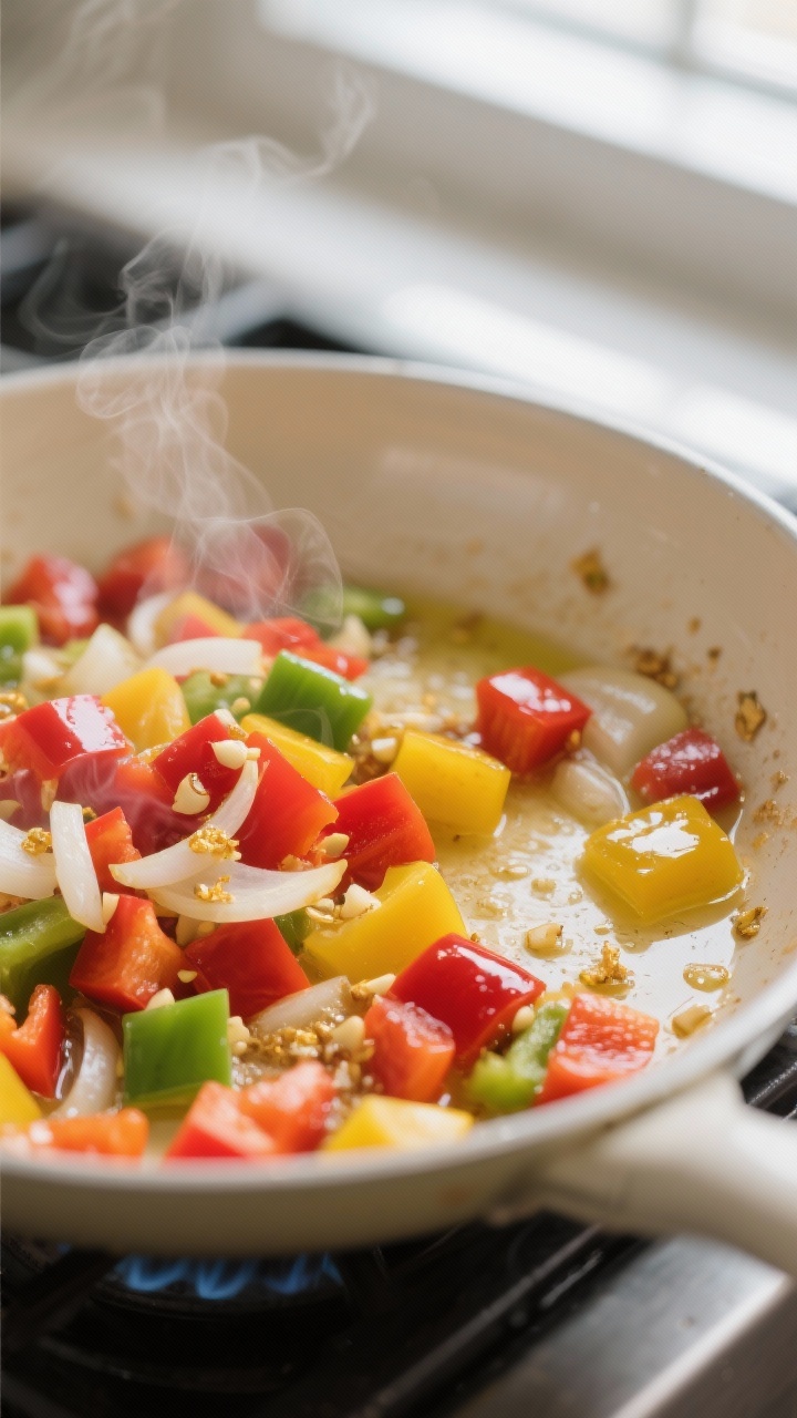 Cooking process — sauté stage: Close-up of softened diced red, yellow, and green bell peppers wit