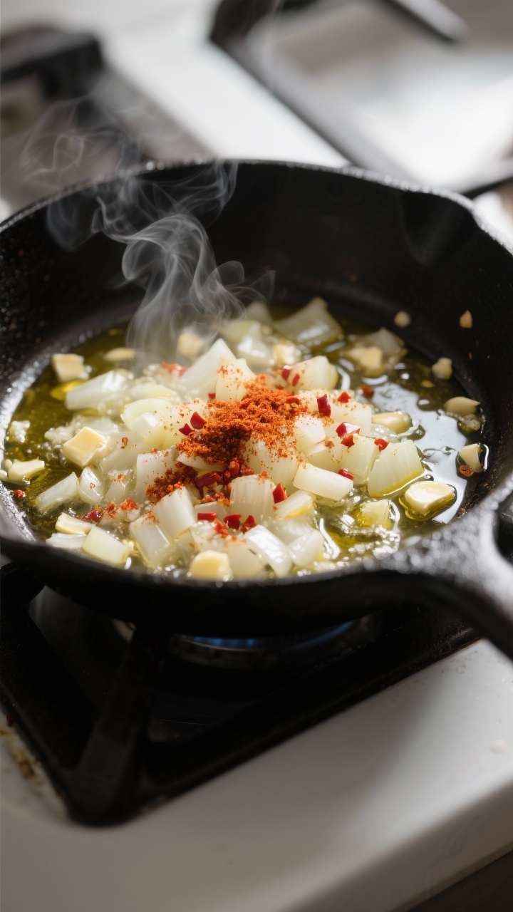Cooking process — sauté stage: In-pan shot of translucent diced onion and minced garlic sizzling