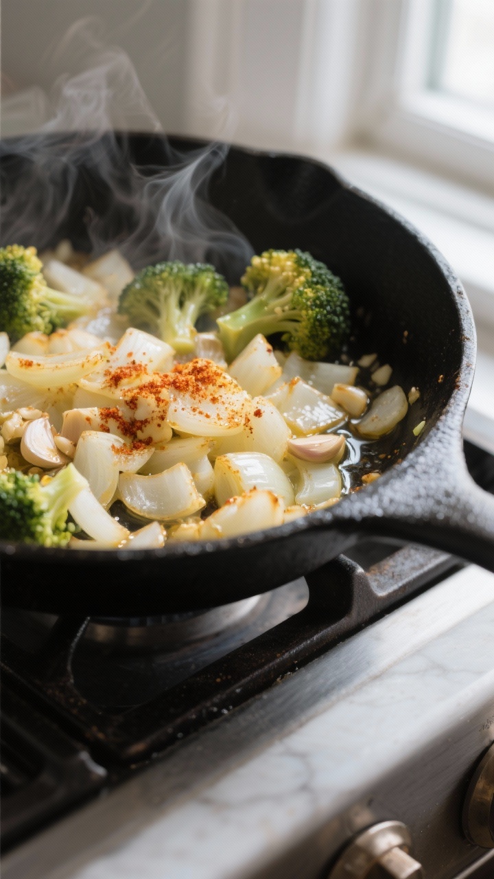 Cooking process: Sautéed aromatics in progress for leftover broccoli casserole — close-up of soft
