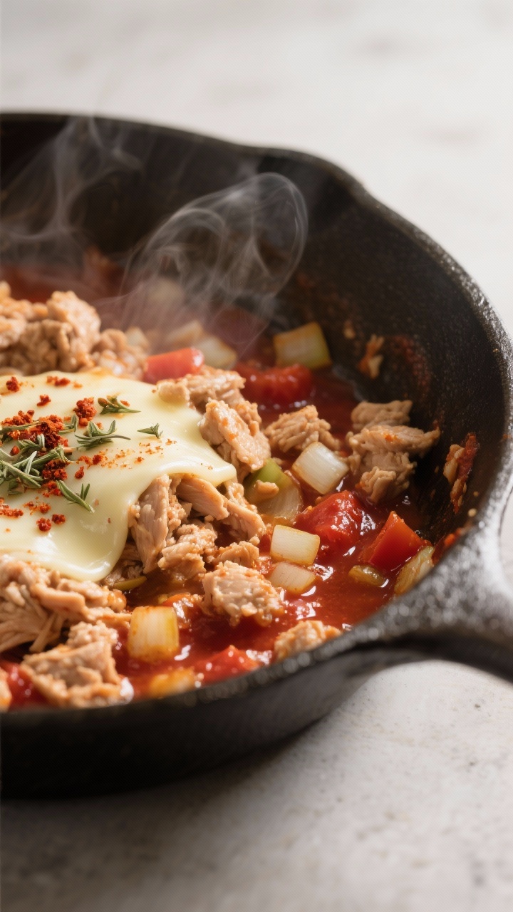 Cooking process: Sautéed chicken filling in a skillet just after spices are toasted—crumbled cook