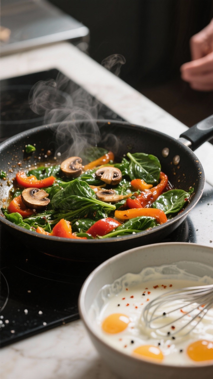 Cooking process: Sautéed low-carb veggies in a skillet—spinach and bell peppers cooked down until