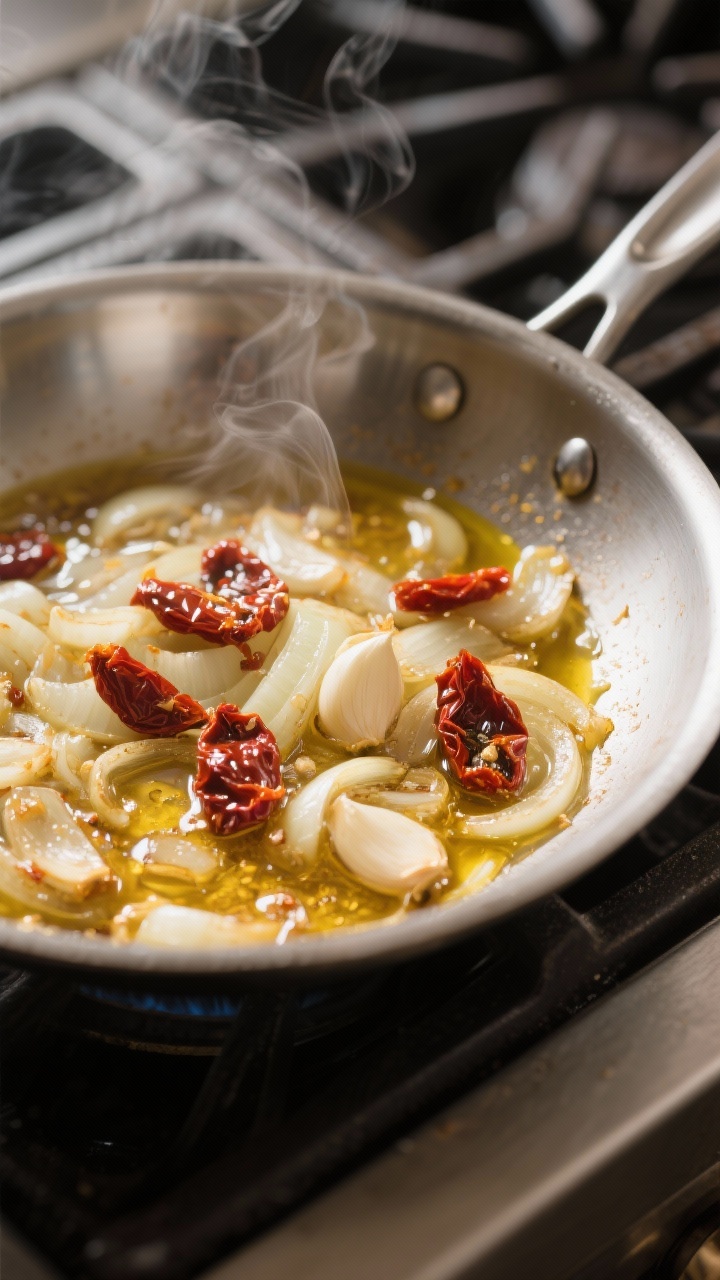 Cooking process: Sautéed onion and garlic in sun-dried tomato oil just turned translucent in a stai