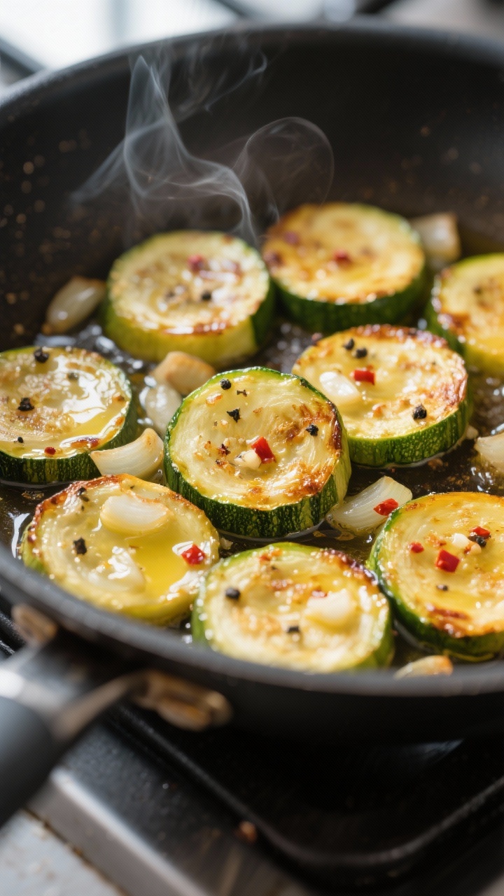 Cooking process – sautéed zucchini: Close-up of golden-edged zucchini rounds in a sizzling skille