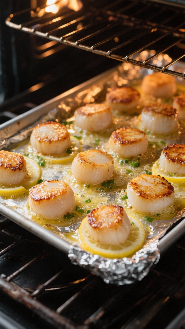 Cooking process: Scallops under a screaming-hot broiler on a foil-lined, lightly oiled pan, evenly s