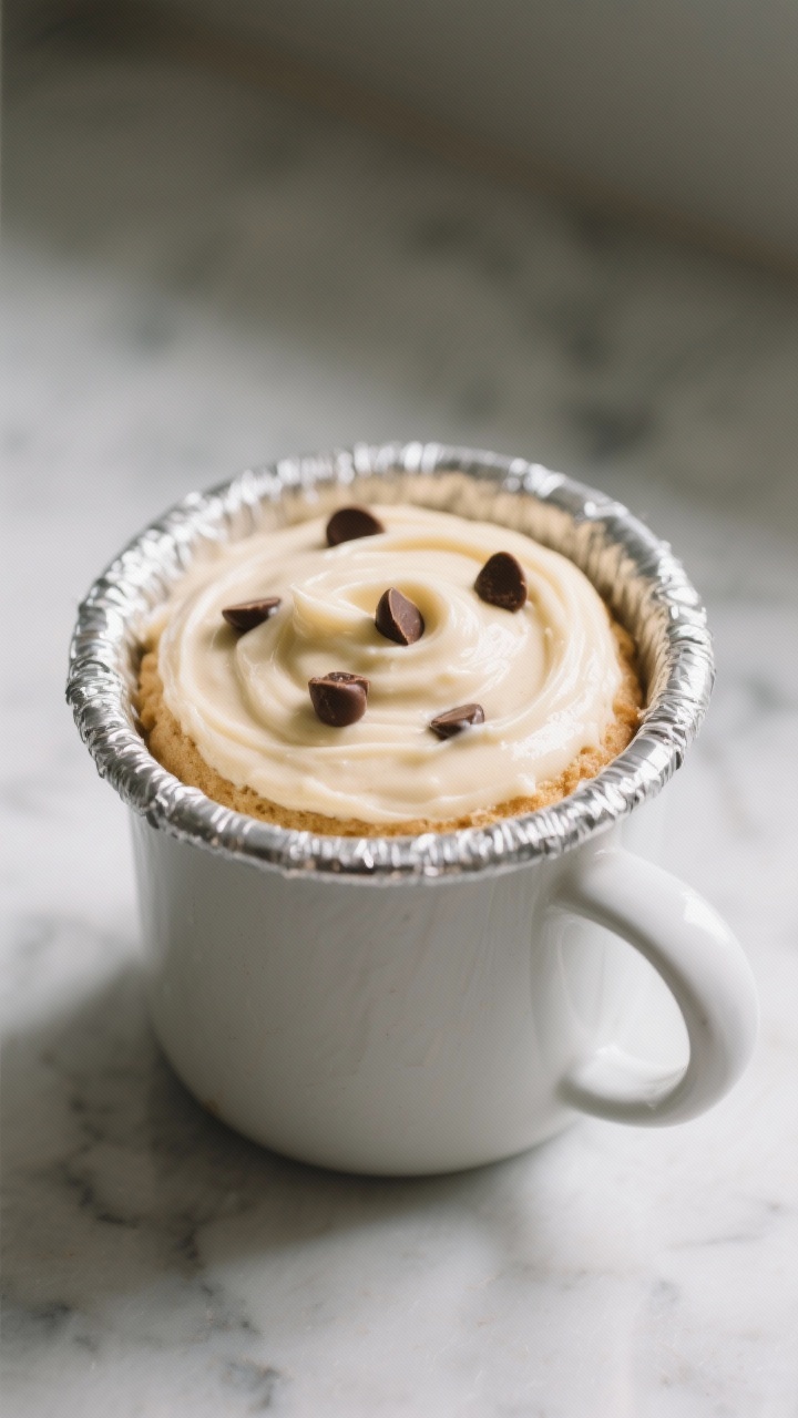 Cooking process scene: the smooth, thick batter of the keto vanilla mug cake just after mixing and b