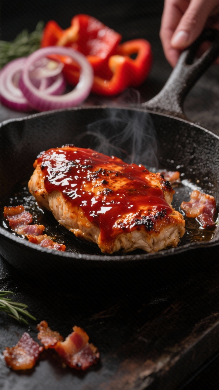 Cooking process: Searing barbecue-coated chicken in a cast-iron skillet with a glossy, brick-red sau