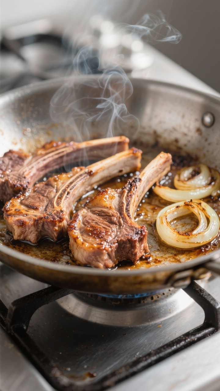 Cooking process — Searing lamb: Thin strips of lamb leg sizzling in a wide stainless skillet, deep