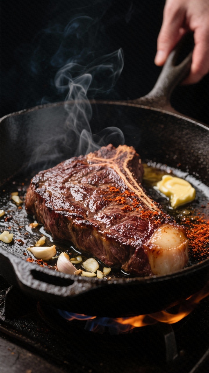 Cooking process — Searing: London broil steak in a ripping-hot cast-iron skillet, deep mahogany cr